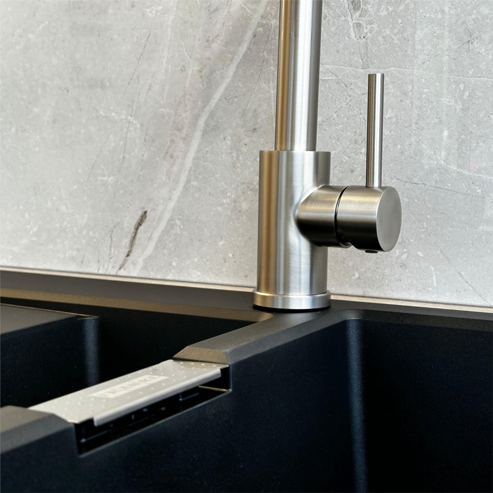 Liquida GR265BS Brushed Steel Kitchen Tap With Swivel Spout & Directional Spray